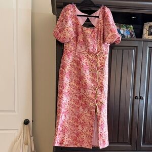 Mestiza Pink Floral Brocade Cheongsam-Style Midi Dress EUC 12